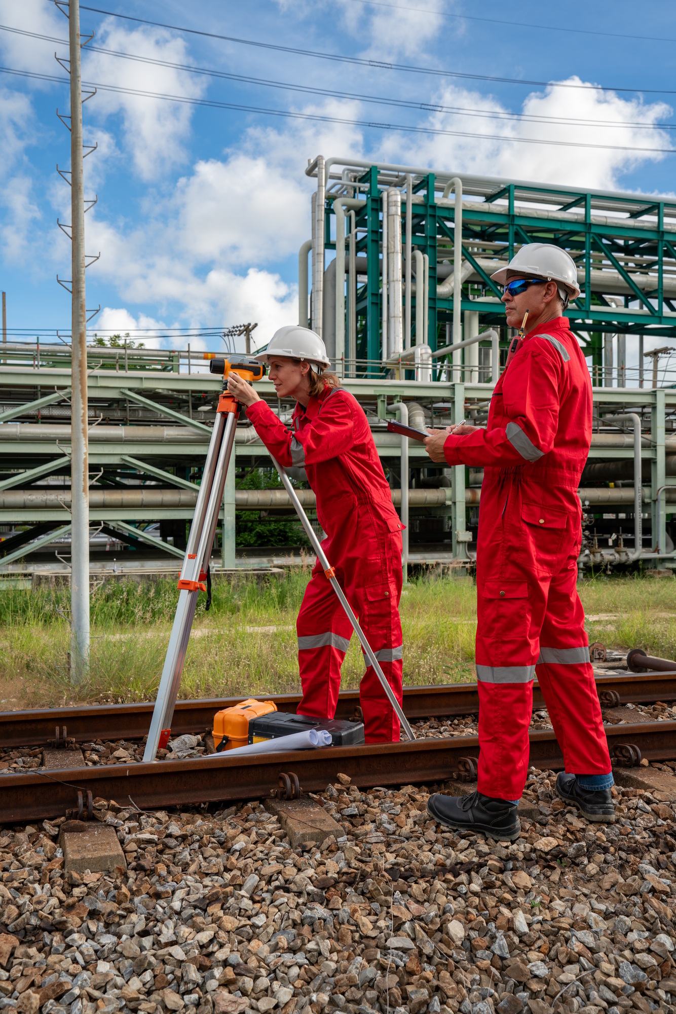 Team survey construction engineer with safety jacket use level survey camera. Engineer